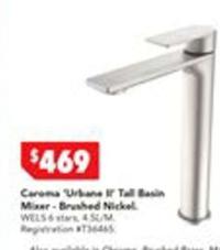 Caroma - Urbane Ii Tower Basin Mixer Brushed Nickel offers at $469 in Harvey Norman