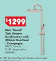 Meir - Round 300mm Rose Combination Shower Rail With Single Function Hand Shower Champagne offers at $1299 in Harvey Norman