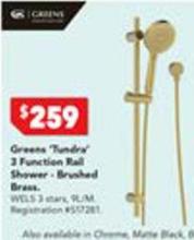 Greens - Tundra 3 Function Shower On Adjustable Rail Brushed Brass offers at $259 in Harvey Norman