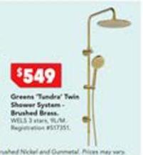 Greens - Tundra Twin Shower System Brushed Brass offers at $549 in Harvey Norman