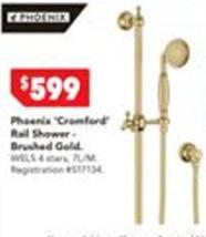 Phoenix - Cromford Rail Shower- Brushed Gold offers at $599 in Harvey Norman