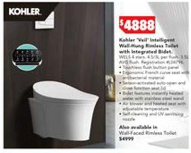 Kohler - Veil Intelligent Wall Hung Rimless Toilet With Integrated Bidet offers at $4888 in Harvey Norman