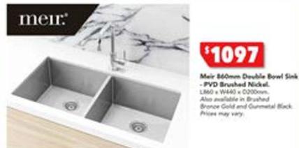 Meir - 860x440mm Double Bowl Kitchen Sink Brushed Nickel offers at $1097 in Harvey Norman