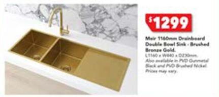 Meir - 1160x440mm Double Bowl Kitchen Sink With Drainboard Brushed Bronze Gold offers at $1299 in Harvey Norman