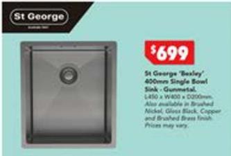 St George - Bexley 400mm Single Bowl Sink Gunmetal offers at $699 in Harvey Norman