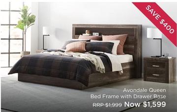 Avondale Queen Bed Frame With Drawer Base offers at $1599 in Snooze