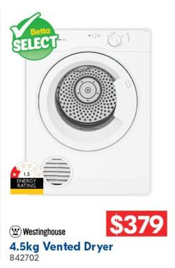 Westinghouse - 4.5kg Vented Dryer offers at $379 in Betta