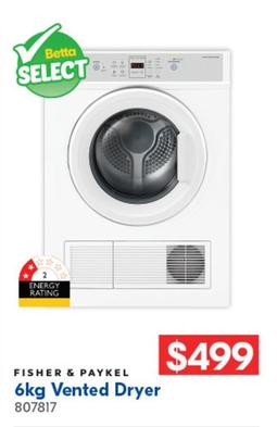 Fisher & Paykel - 6kg Vented Dryer offers at $499 in Betta