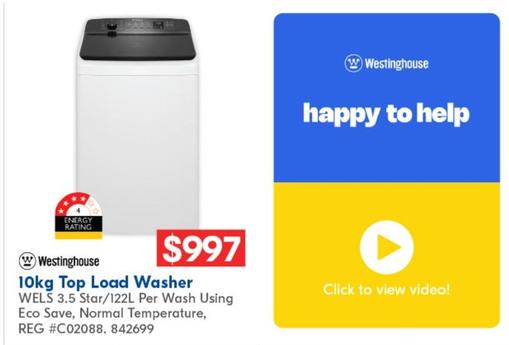 Westinghouse - 10kg Top Load Washer offers at $997 in Betta