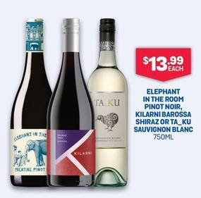 Elephant In The Room - Pinot Noir, Kilarni Barossa Shiraz Or Ta_ku Sauvignon Blanc 750ml offers at $13.99 in Bottlemart