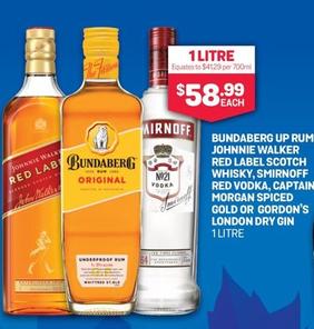 Bundaberg - Up Rum Johnnie Walker Red Label Scotch Whisky, Smirnoff Red Vodka, Captain Morgan Spiced Gold Or Gordon's London Dry Gin 1 Litre offers at $58.99 in Bottlemart