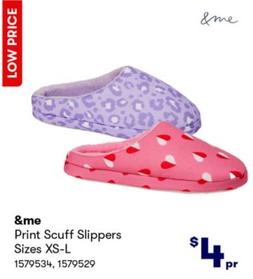 &me - Print Scuff Slippers Sizes XS-L offers at $4 in BIG W