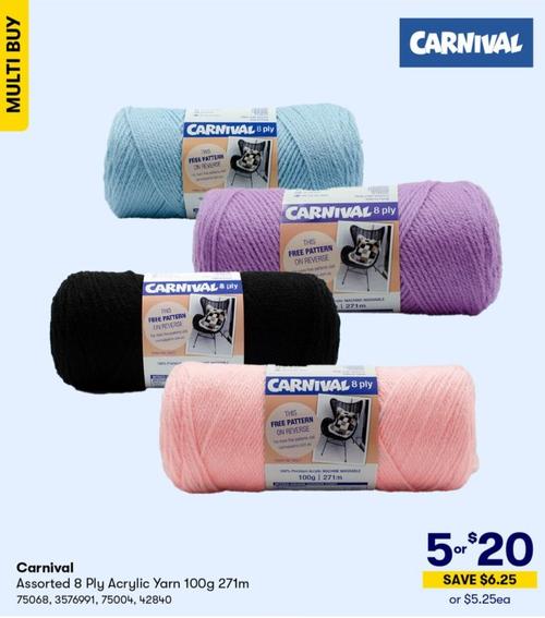 Carnival - Assorted 8 Ply Acrylic Yarn 100g 271m  offers at $20 in BIG W