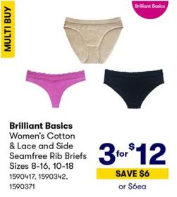 Brilliant Basics - Women’s Cotton & Lace and Side Seamfree Rib Briefs Sizes 8-16, 10-18 offers at $12 in BIG W