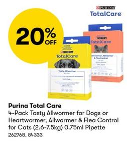 Purina - Total Care 4-Pack Tasty Allwormer for Dogs or Heartwormer, Allwormer & Flea Control for Cats (2.6-7.5kg) 0.75ml Pipette offers in BIG W