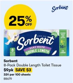 Sorbent - 8-Pack Double Length Toilet Tissue offers at $9 in BIG W