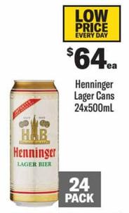 Henninger - Lager Cans 24x500ml offers at $64 in Liquorland