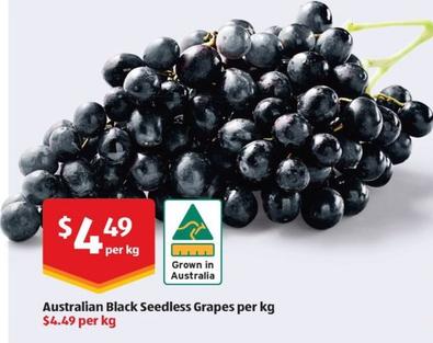 Australian Black Seedless Grapes Per Kg offers at $4.49 in ALDI