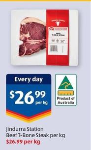 Jindurra Station - Beef T-bone Steak Per Kg offers at $26.99 in ALDI