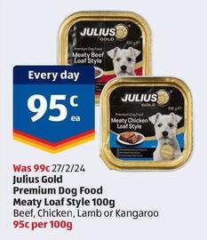 Julius - Gold Premium Dog Food Meaty Loaf Style 100g offers at $0.95 in ALDI