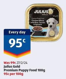 Julius - Gold Premium Puppy Food 100g offers at $0.95 in ALDI