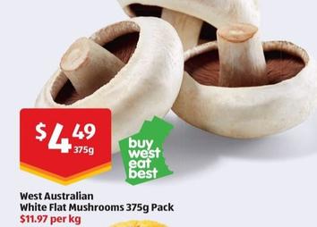West Australian White Flat Mushrooms 375g Pack offers at $4.49 in ALDI