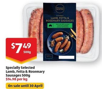 Specially Selected - Lamb, Fetta & Rosemary Sausages 500g offers at $7.49 in ALDI