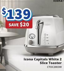 Delonghi - Icona Capitals White 2 Slice Toaster offers at $139 in Bi-Rite