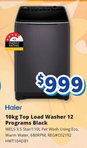Haier - 10kg Top Load Washer 12 Programs Black offers at $999 in Bi-Rite