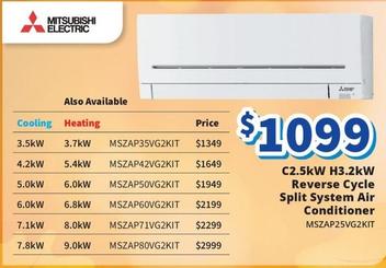 Mitsubishi - C2.5kw H3.2kw Reverse Cycle Split System Air Conditioner offers at $1099 in Bi-Rite