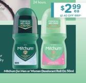 Mitchum - For Men Or Women Deodorant Roll On 50ml offers at $2.99 in Chemist Warehouse