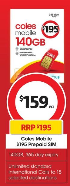 Coles - Mobile $195 Prepaid Sim offers at $159 in Coles
