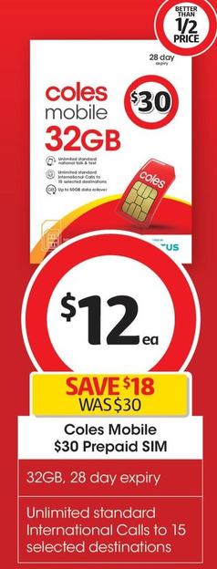 Coles - Mobile $30 Prepaid Sim offers at $12 in Coles