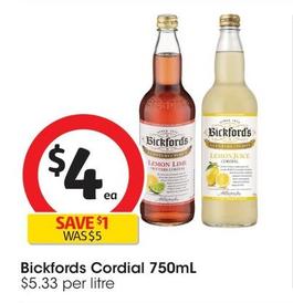 Bickford's - Cordial 750ml offers at $4 in Coles