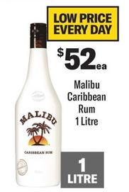 Malibu - Caribbean Rum 1 Litre offers at $52 in Coles