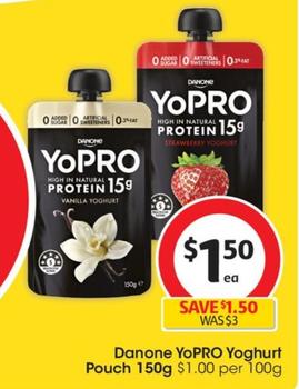 Danone - YoPRO Yoghurt Pouch 150g  offers at $1.5 in Coles