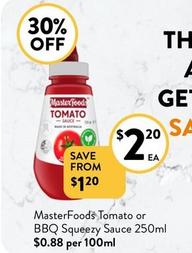 Masterfoods - Tomato Or Bbq Squeezy Sauce 250ml offers at $2.2 in Foodworks