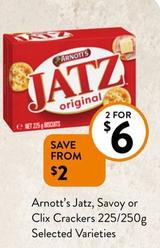 Arnott's - Jatz, Savoy Or Clix Crackers 225/250g Selected Varieties offers at $6 in Foodworks