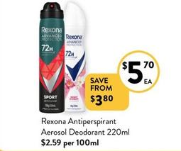 Rexona - Antiperspirant Aerosol Deodorant 220ml offers at $5.7 in Foodworks