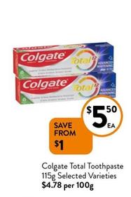Colgate - Total Toothpaste 115g Selected Varieties offers at $5.5 in Foodworks