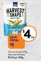 Harvest Snaps - 120g Selected Varieties offers at $4 in Foodworks