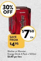 Mother - Or Monster Energy Drink 4 Pack X 500ml offers at $7.6 in Foodworks