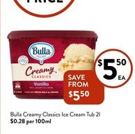 Bulla - Creamy Classics Ice Cream Tub 2l offers at $5.5 in Foodworks