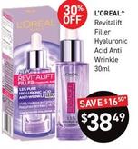 L'oreal - Revitalift Filler Hyaluronic Acid Anti Wrinkle 30ml offers at $38.49 in Chemist King