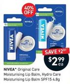 Nivea - Original Care Moisturising Lip Balm, Hydro Care Moisturising Lip Balm Spf15 4.8g offers at $2.99 in Chemist King