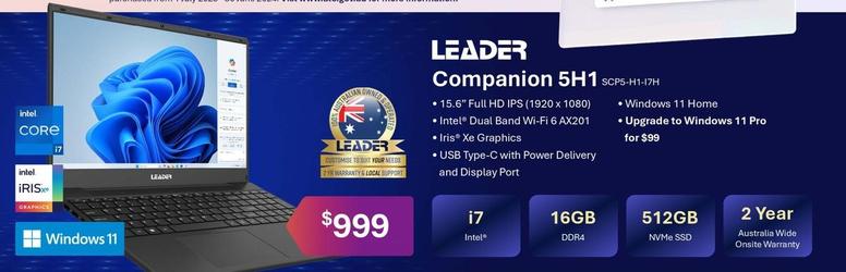 Leader - Companion 5h1 15.6" Full Hd Ips Intel Dual Band Wi-fi 6 Ax201 16gb 512gb offers at $999 in Leader Computers