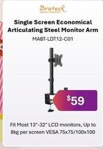 Brateck - Single Screen Economical Articulating Steel Monitor Arm offers at $59 in Leader Computers
