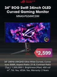34" Rog Swift 34inch Oled Curved Gaming Monitor offers at $2599 in Leader Computers