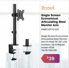 Brateck - Single Screen Economical Articulating Steel Monitor Arm offers at $39 in Leader Computers