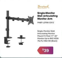 Brateck - Single-monitor Stell Articulating Monitor Arm offers at $39 in Leader Computers